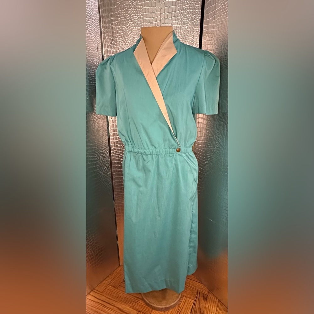 Vintage Teal and Tan Wrap-Front Women's Dress